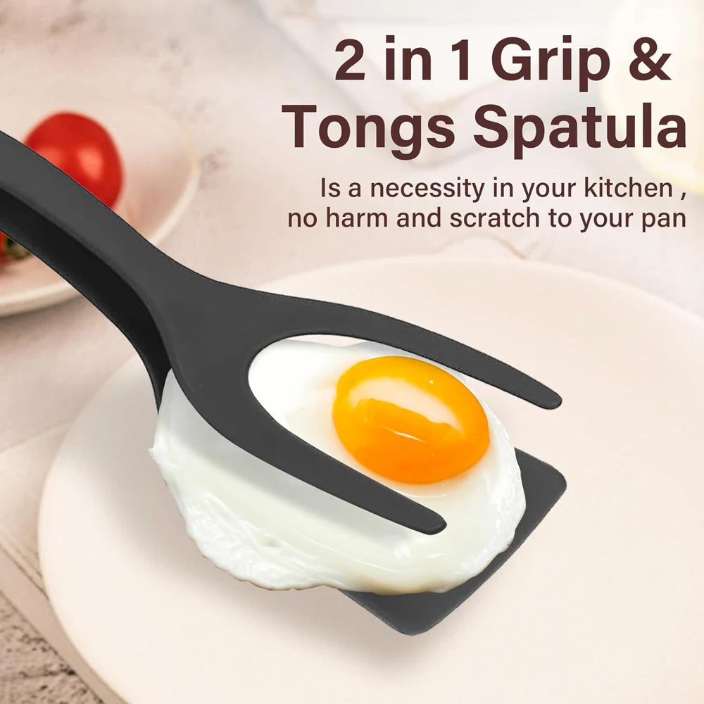 Nueva Espátula 2 en 1 con Pinzas, Espátula para Voltear Huevos, Espátula de Nailon con Revestimiento Antiadherente, Herramienta para Hacer Panqueques, Pescado, Tostadas Francesas y Omelettes