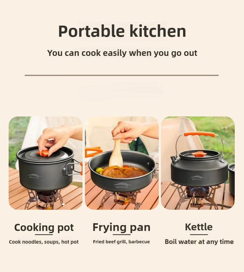 Utensilios de cocina para senderismo al aire libre, utensilios de cocina para acampar, tetera de agua hirviendo, equipo de sartén, olla portátil para acampar, juego combinado de suministros