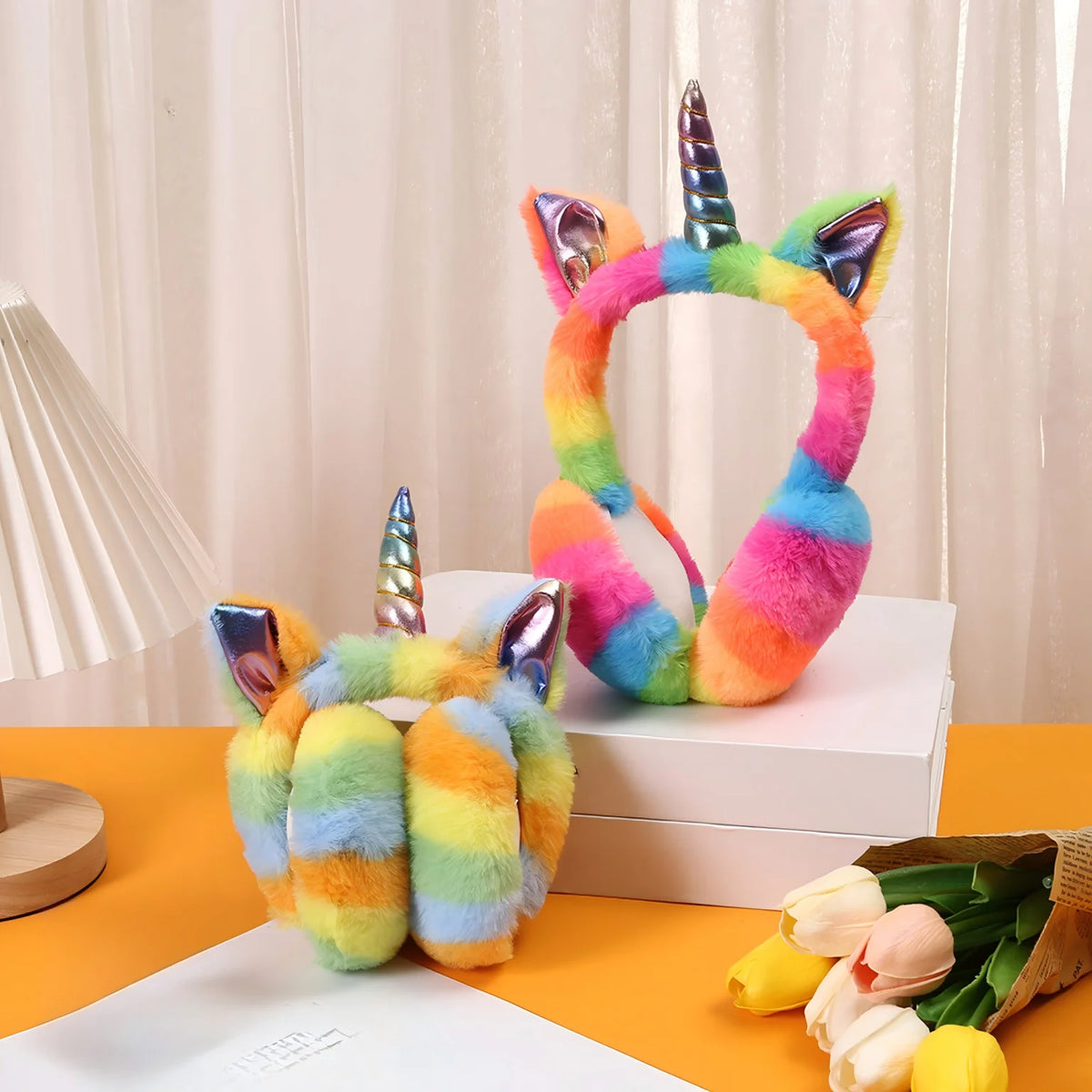 Orejeras de peluche de unicornio arcoíris, plegables, cálidas y portátiles, estilo femenino y lindo, orejeras a prueba de heladas y frío para otoño e invierno, regalo navideño