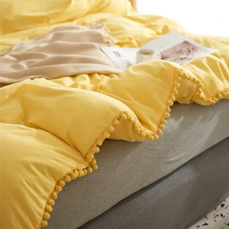 Funda de edredón suave y lavada, Juego de 3 piezas, funda de almohada, juego de ropa de cama para Twin, Full, Queen, King Size, decoración de pompones