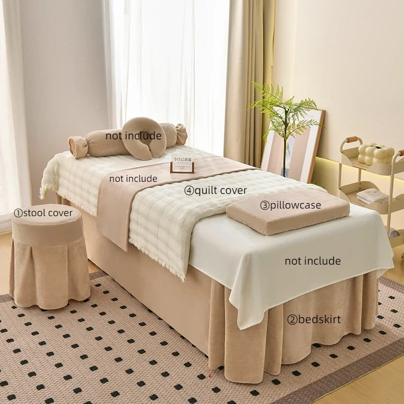 Juego de cama gruesa de terciopelo de leche para salón de belleza, falda de cama de Spa para masaje, funda de almohada, funda de taburete y funda nórdica, Sábana de salón para Club, 4 Uds.