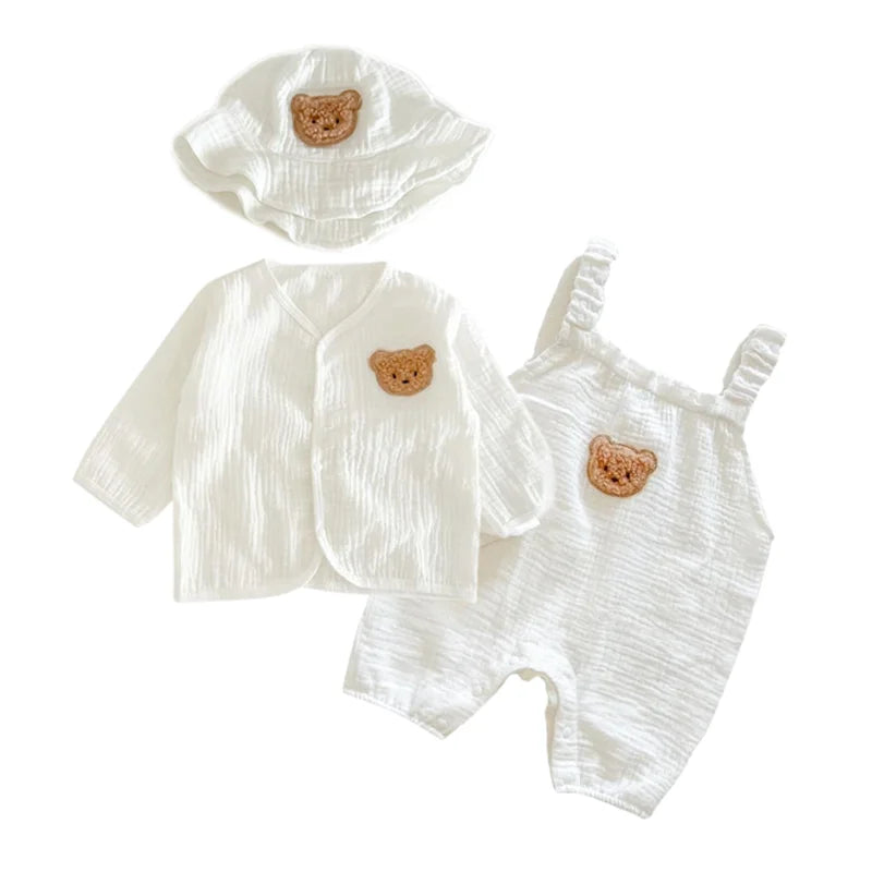 Mono de muselina para bebé, abrigo, sombrero, oso, conjunto de ropa de verano para bebé, abrigo para niño, pelele, traje blanco para niño pequeño, ropa infantil 0-3T, 3 uds.