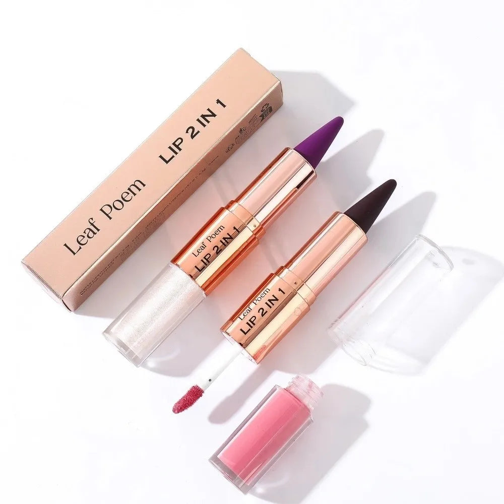 Delineador de Labios 2 en 1 de Doble Punta, Acabado Mate, Antiadherente, Resistente al Agua, Punta Cónica, Brillo Labial Mate de Larga Duración para Uso Diario