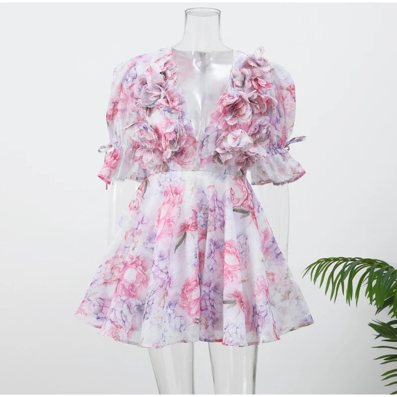 Vestido corto de gasa rosa dulce para mujer, moda con flores en 3D, manga abombada grande, cuello en V, cintura alta, línea A, Vestidos en capas, batas de señora nueva