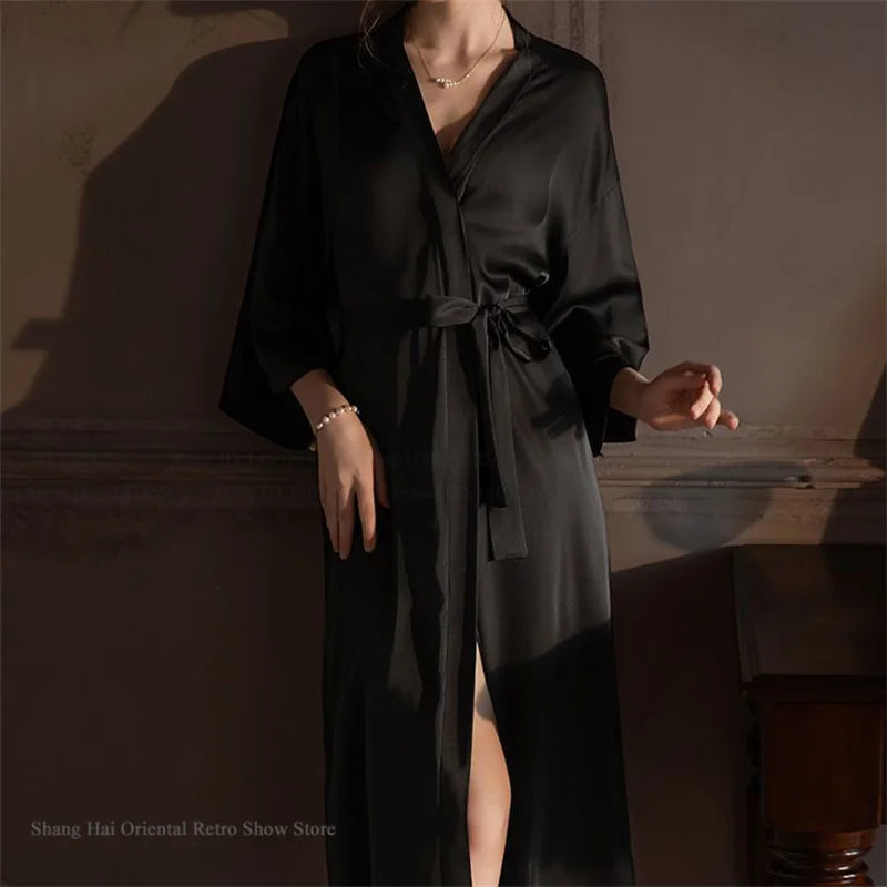 Elegante Conjunto de Bata Larga para Mujer, Lencería Sexy, Ropa de Dormir, Kimono Holgado, Bata de Baño, Vestido de Casa de Satén Sedoso, Ropa de Estar