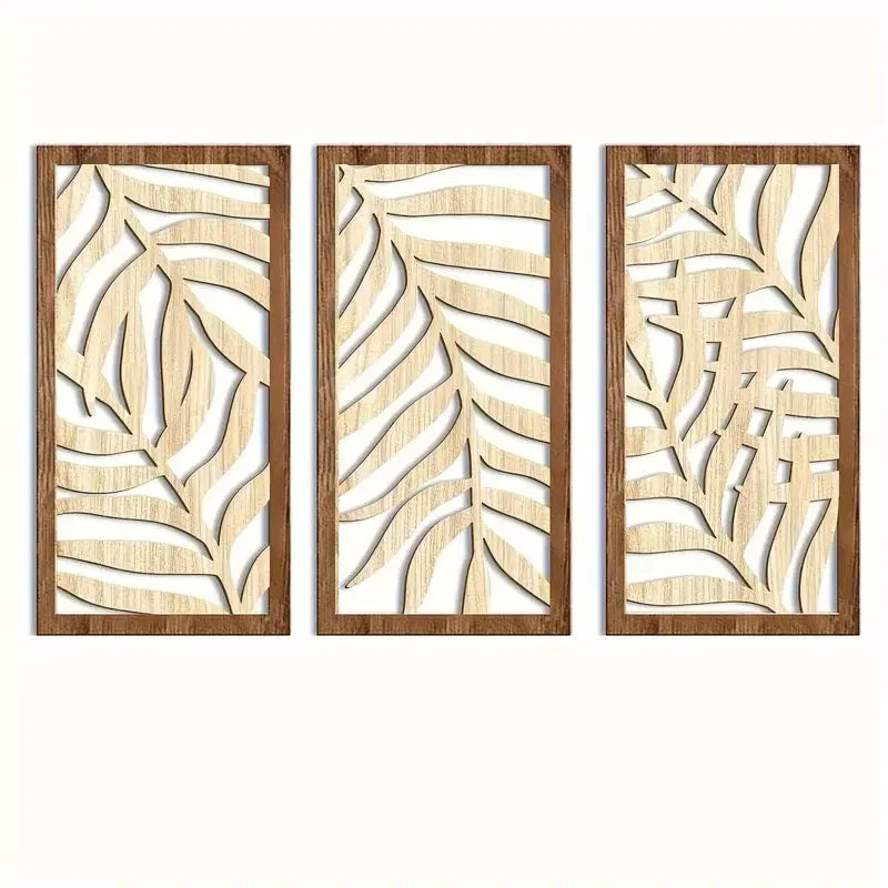 3 uds. Decoración de pared de madera tallada de hojas abstractas modernas, arte de madera hueco de Palma Tropical, decoración del hogar