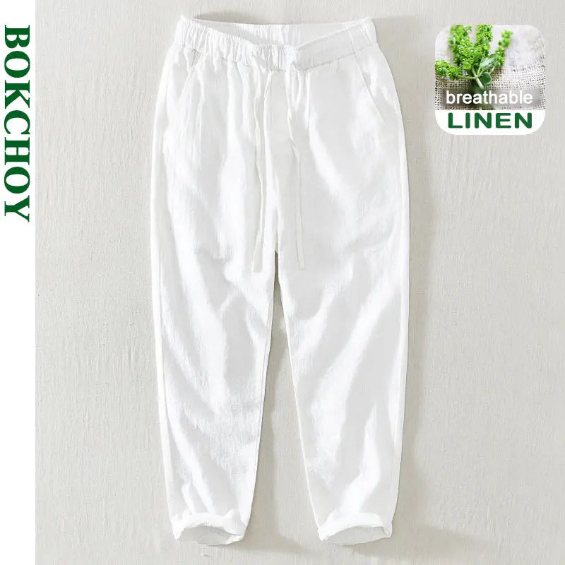 Pantalones informales de lino hasta el tobillo para hombre, ropa de calle fina con cordón Simple, de gran tamaño, BL8226, novedad de verano