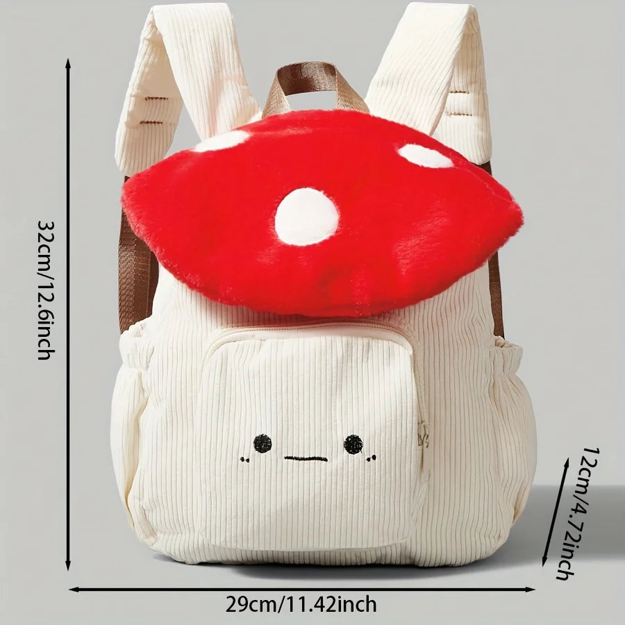 Mochila Kawaii de felpa con forma de seta para mujer, bolso de mano bonito con correas ajustables, cierre de cremallera, mochilas de estudiante de pana roja/blanca