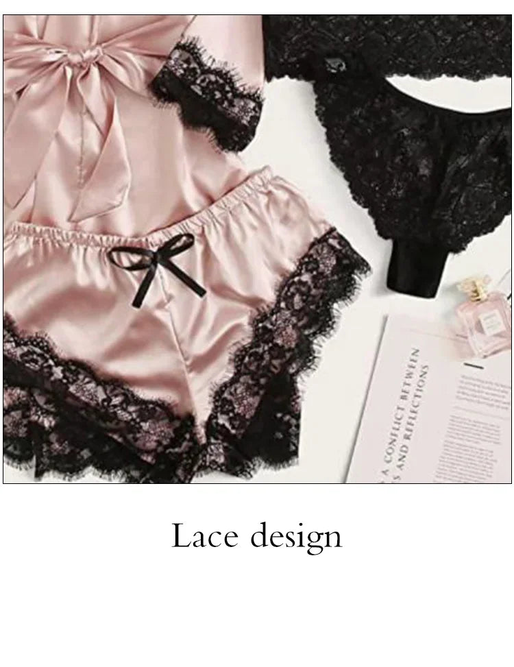 4 piezas ropa de dormir para mujer pijamas Ser con bata lencería de encaje Sexy Albornoz satén de seda ropa de dormir para el hogar bata