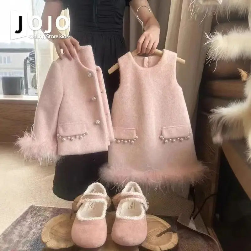 Ropa coreana para niñas, traje de lana, invierno 2025, nuevo estilo occidental, abrigo de alta gama para niños, chaleco, conjunto de dos piezas
