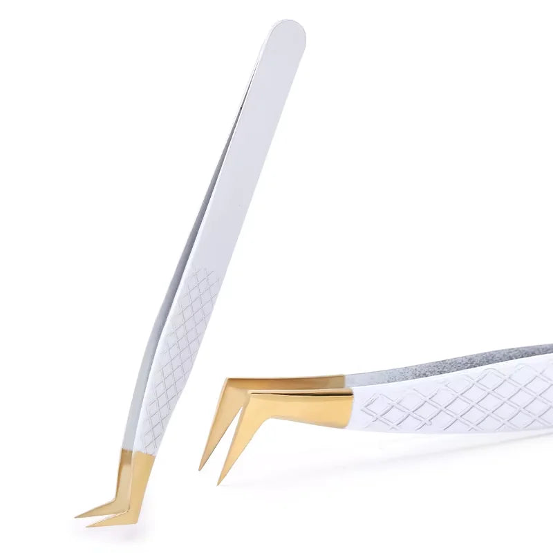 Pinzas de Precisión Antiestáticas de Acero Inoxidable Blanco-Dorado para Extensión de Pestañas, Juego de Herramientas de Maquillaje y Belleza para Cejas