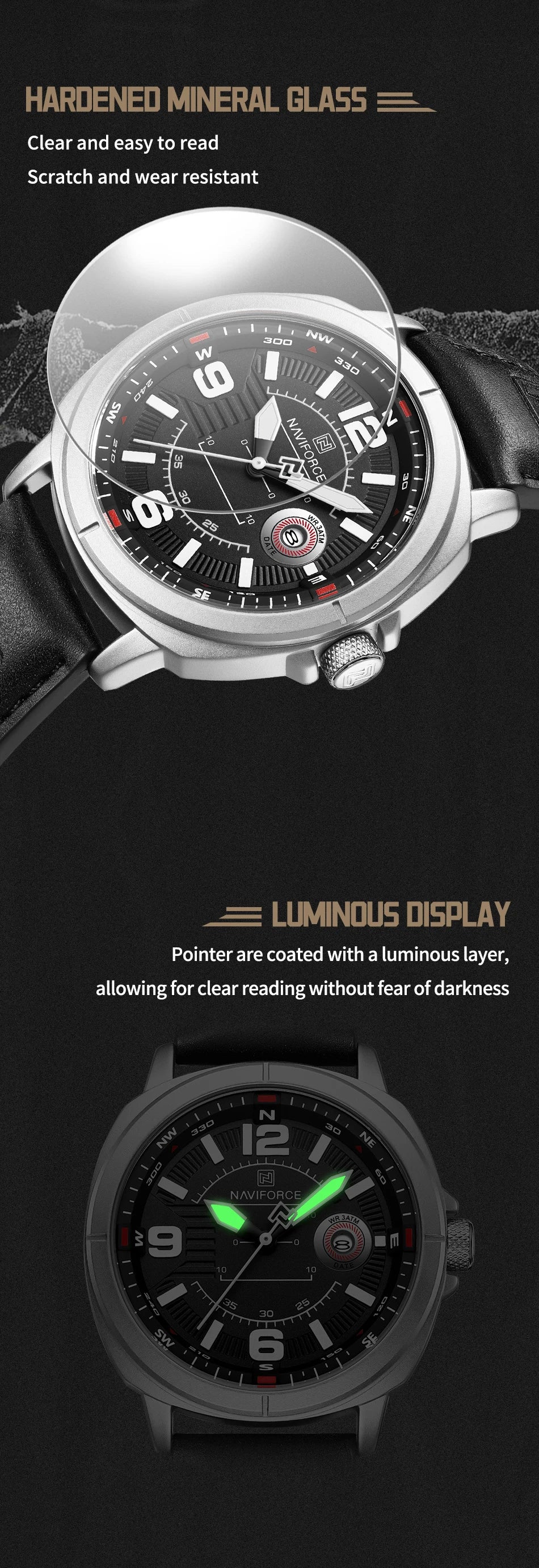 Marca NAVIFORCE, Reloj de cuarzo para Hombre, banda de PU de alta calidad, Reloj de pulsera con calendario para Hombre, indicador de fecha automático, relojes impermeables, Reloj para Hombre