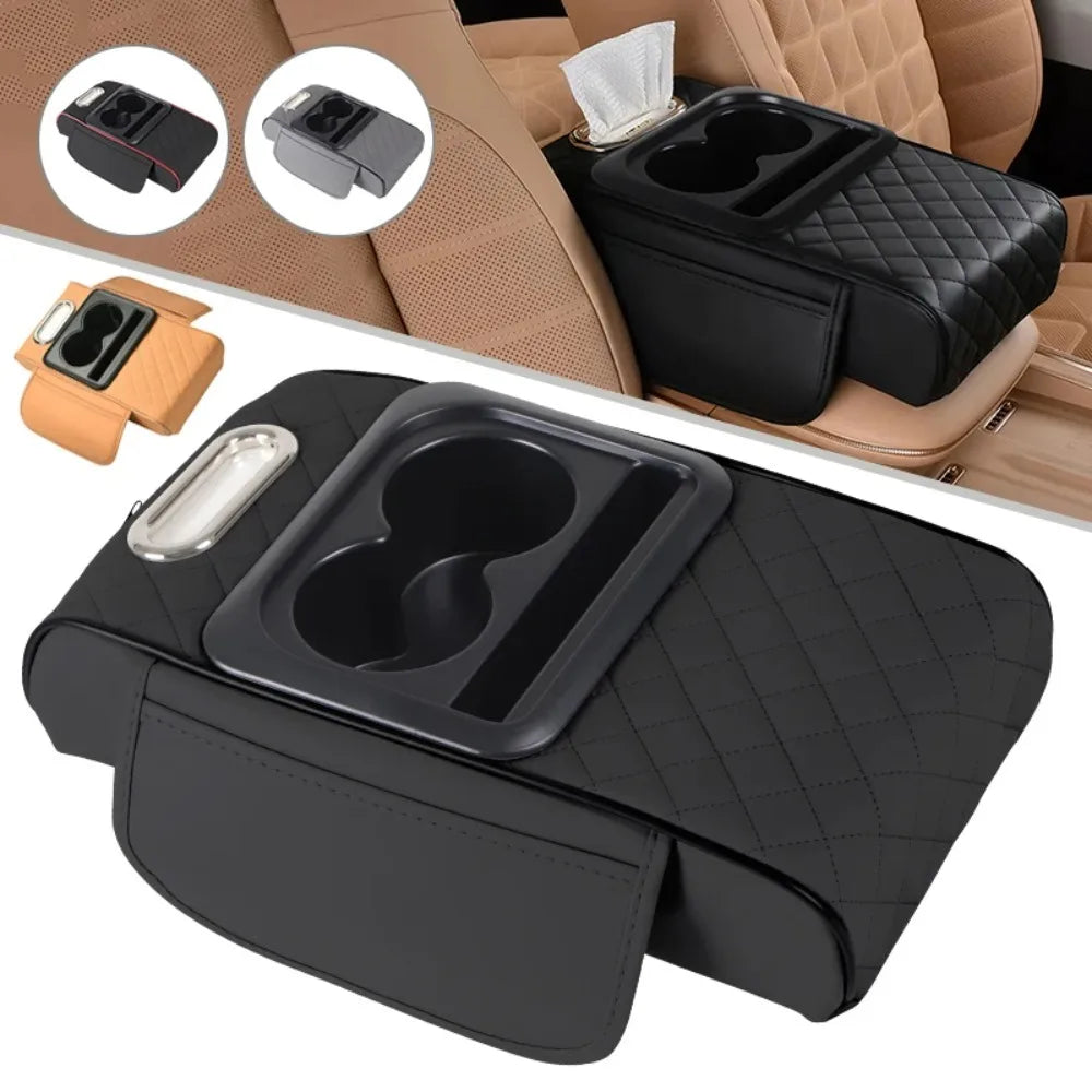 Cojín para reposabrazos de consola central de coche con 2 portavasos, almohadilla para reposabrazos de cuero PU, funda de almohada portátil para reposabrazos de coche, almohadilla de altura