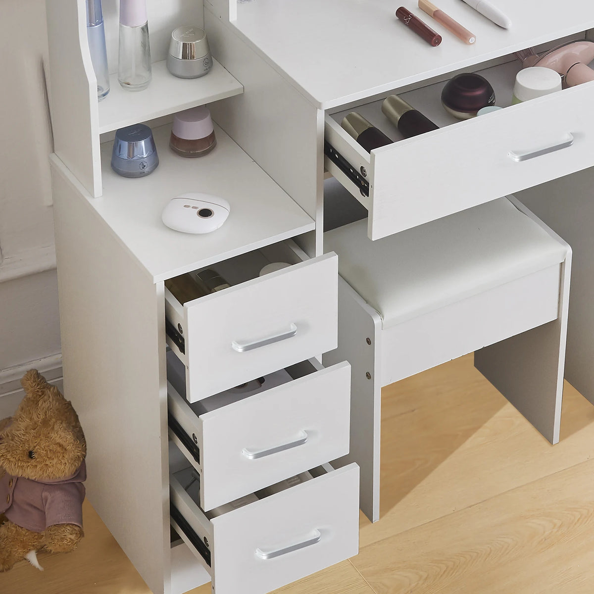 Mesa de tocador LED con espejo deslizante, escritorio de maquillaje blanco, taburete de 4 cajones, tocador para mujer, muebles glam