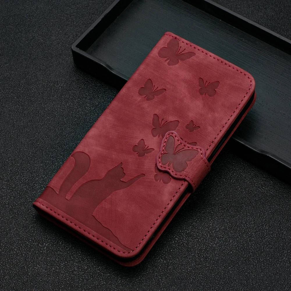 Funda tipo cartera de cuero con diseño de gato y mariposa para iPhone 17, 15, 16, 14, 13, 12, 11 Pro Max, iPhone 15 Plus