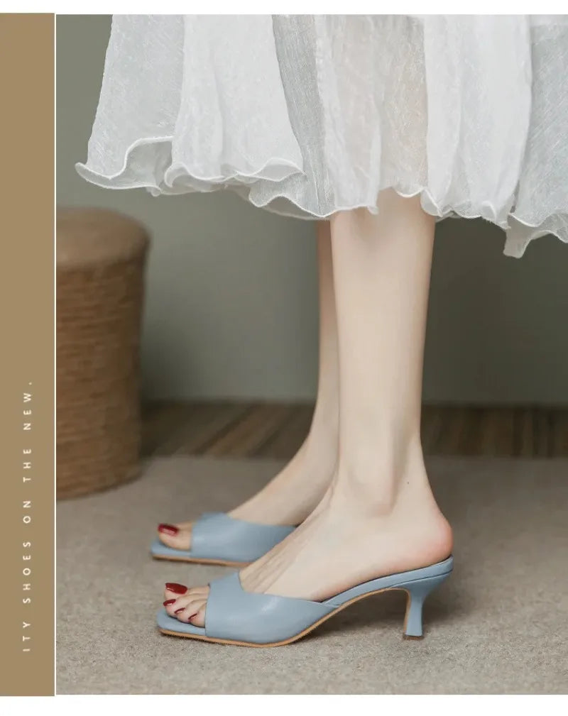 Pantuflas de Tacón Alto para Mujer, Pantuflas de Cuero Vacuno de Lujo, Pantuflas de Moda con Punta Cuadrada, Pantuflas de Tacón Alto con Punta Abierta para Verano