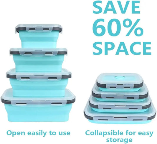 Contenedores plegables de almacenamiento de alimentos de 4PS con tapas y ventilación, juego de contenedores de preparación de comidas plegables de silicona apilables para cocina