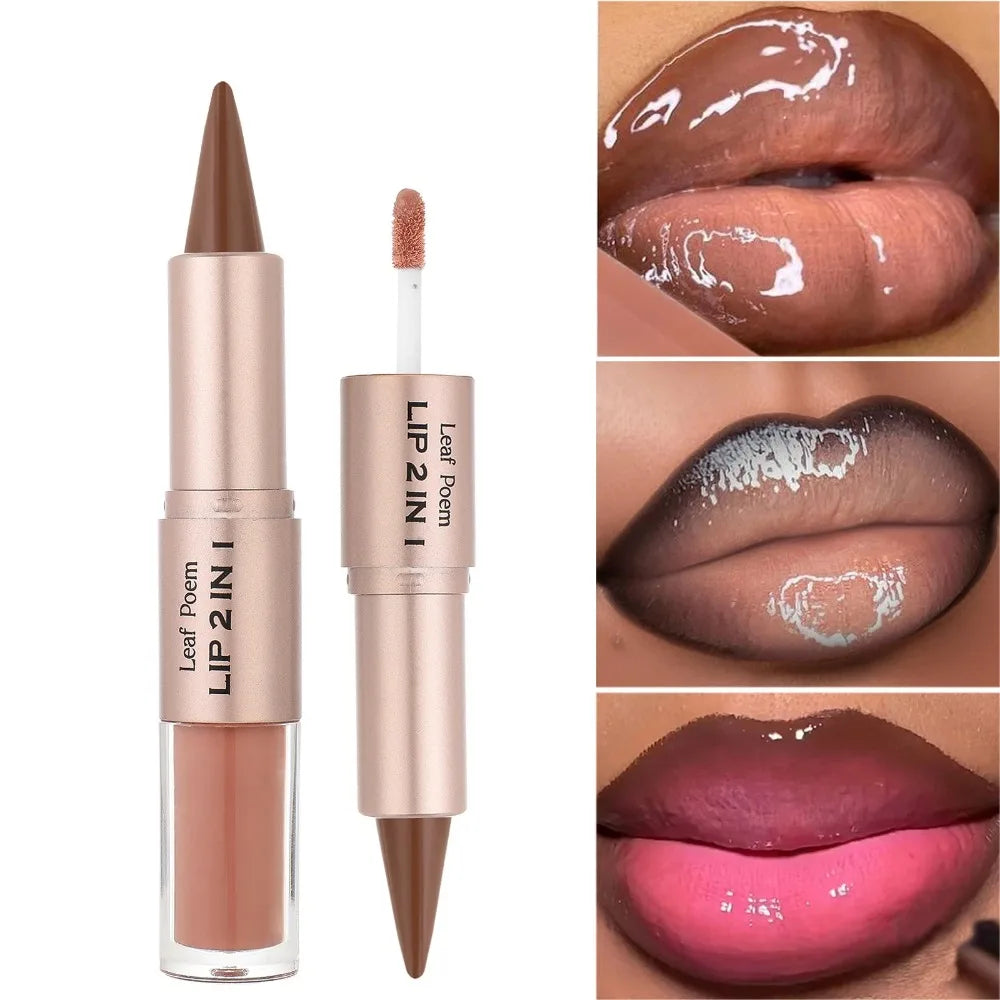 Delineador de labios cónico negro y marrón, lápiz de contorno, espejo de doble cabeza, brillo de labios de cristal, maquillaje de tinte de labios rojos sexis