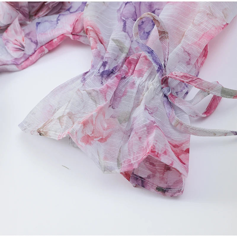 Vestido corto de gasa rosa dulce para mujer, moda con flores en 3D, manga abombada grande, cuello en V, cintura alta, línea A, Vestidos en capas, batas de señora nueva