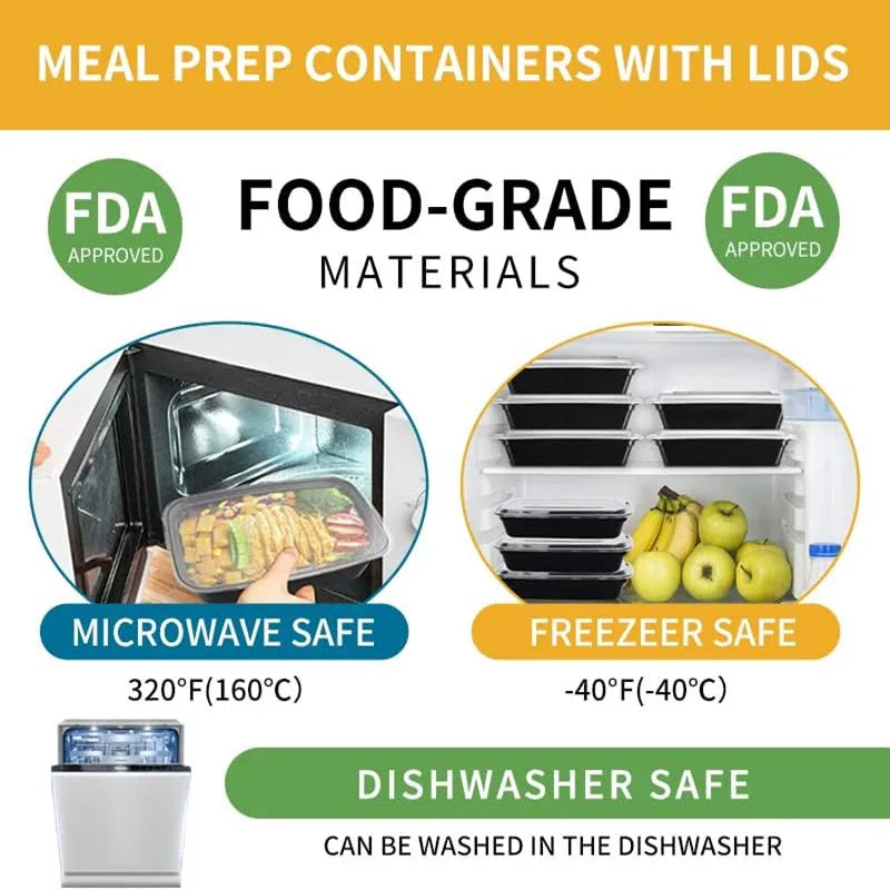 Paquete de 15 contenedores de preparación de comidas, contenedores de almacenamiento de alimentos seguros para microondas con tapas, fiambrera Bento de plástico apilable desechable