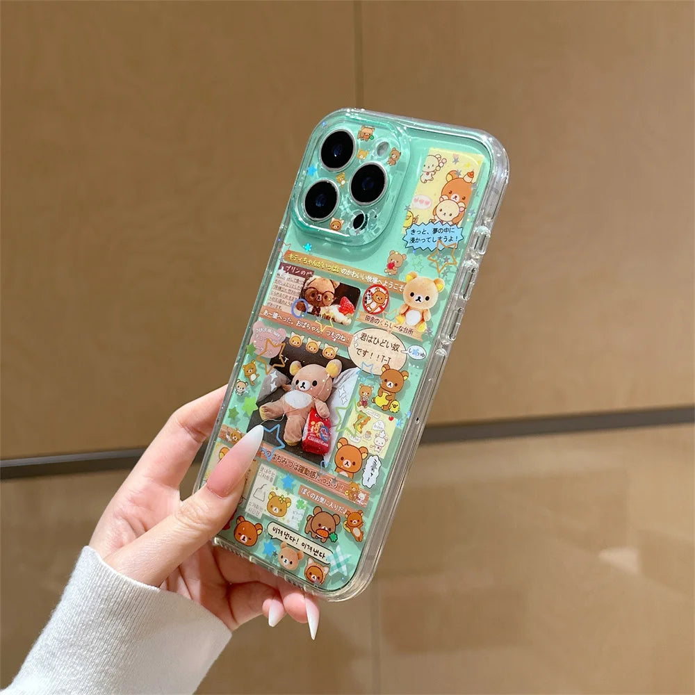 Funda de Teléfono con Dibujos Animados de Rilakkuma Kawaii para iPhone 17 16 15 Pro16 Max 17 Pro Max, Funda Protectora Bonita a Prueba de Golpes con Dijes