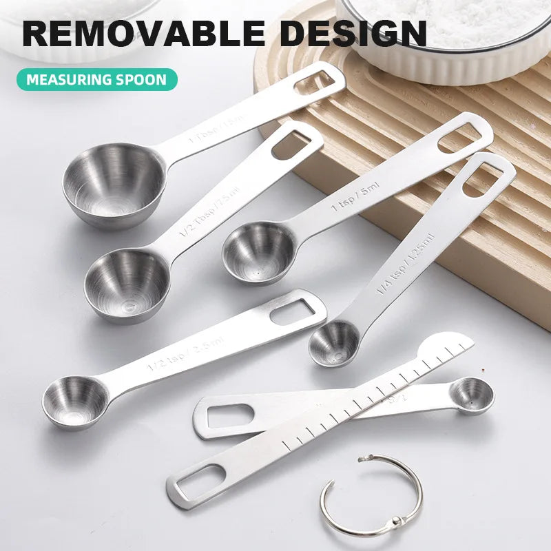 Cuchara medidora de acero inoxidable, juego de 4/6/7/8 Uds. Con regla de medición de escala, cuchara, juego de herramientas de medición para hornear café y cocina