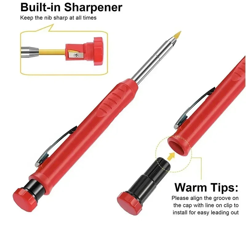 Lápiz mecánico de carpintero sólido de 2,8mm con afilador para construcción de carpintería, lápiz de carpintero de cabeza larga, suministro de papelería