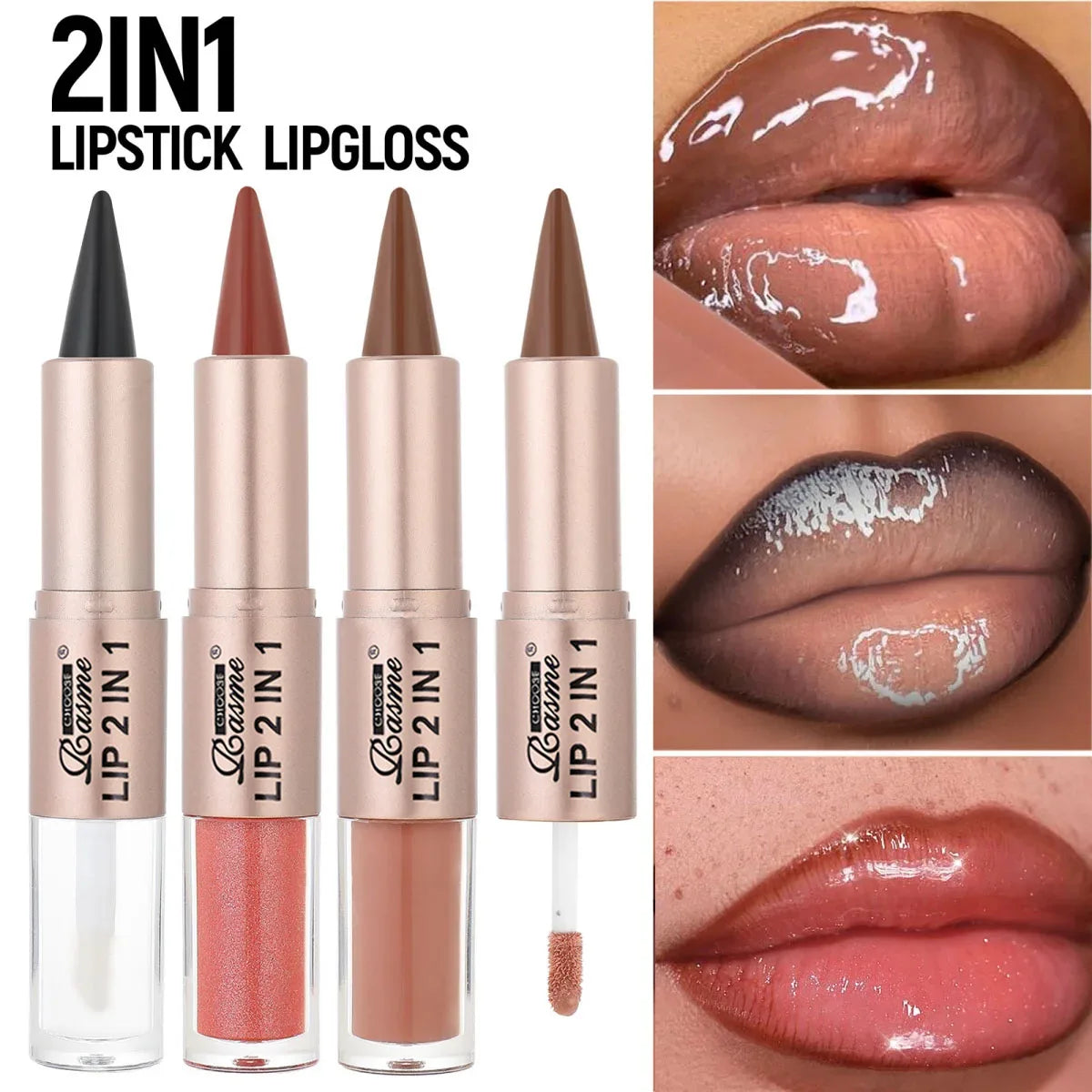 Lápiz delineador de labios degradado cónico 2 en 1, brillo de labios de cristal de espejo marrón desnudo, delineador de labios mate, maquillaje antiadherente para contorno de labios resistente al agua