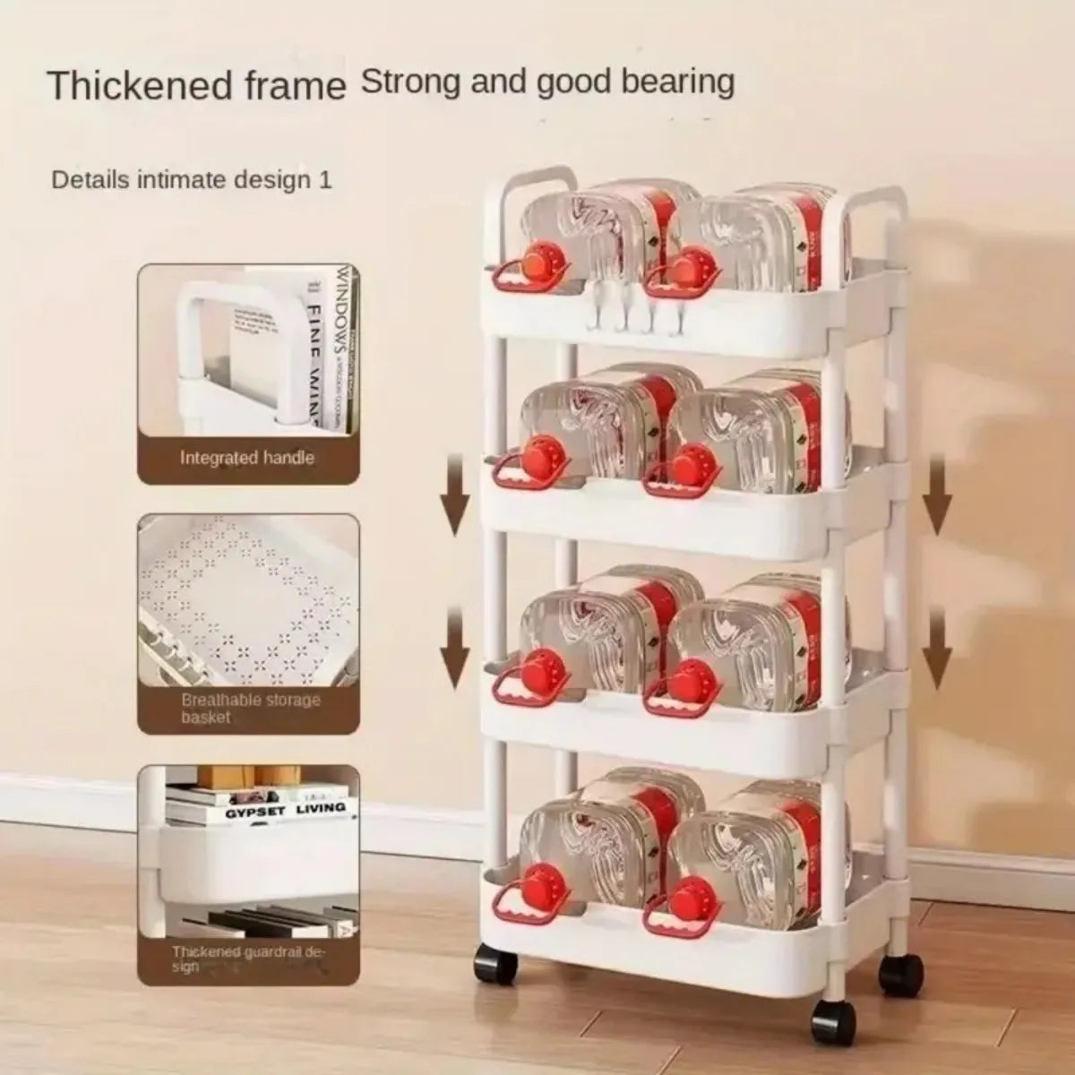 Carrito de almacenamiento de 4 niveles - carrito rodante multifuncional, adecuado para la cocina, el baño, la habitación de los niños, el dormitorio y más