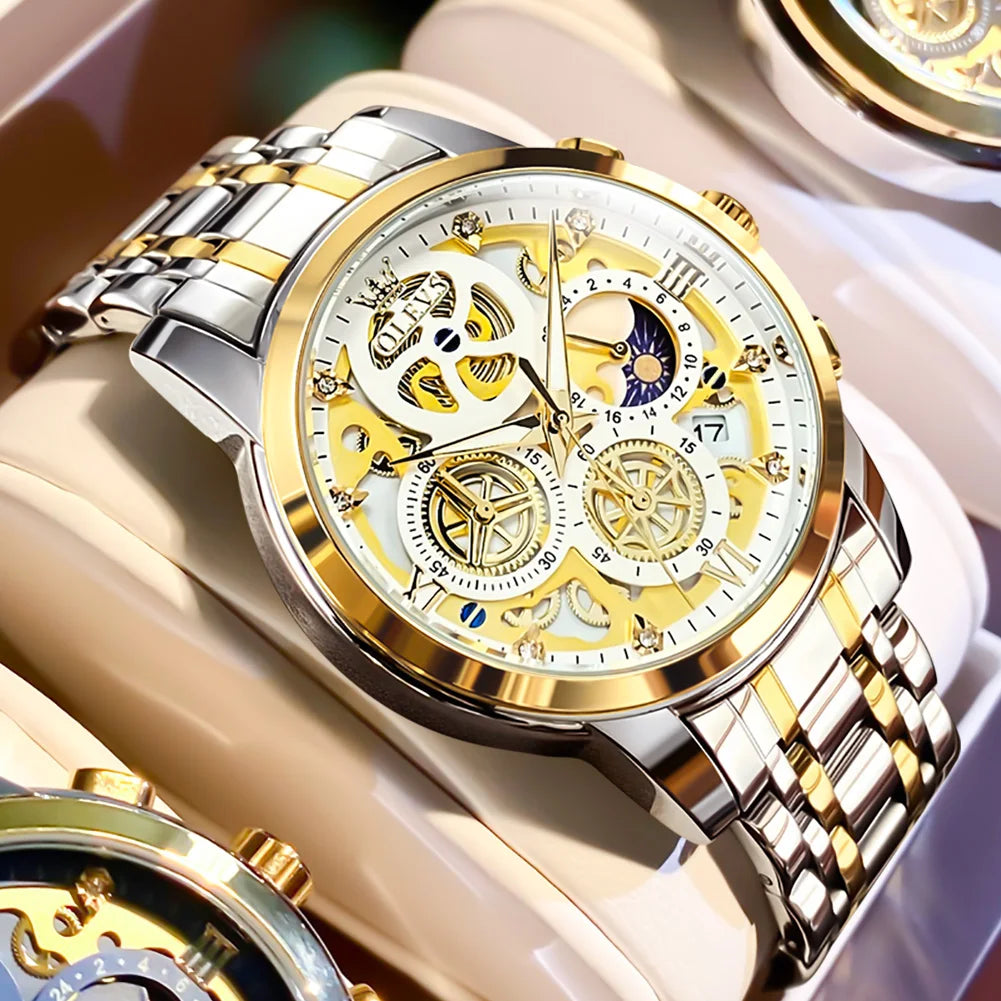 Relojes OLEVS para hombre, marca superior, reloj de cuarzo Original resistente al agua de lujo para hombre, estilo esqueleto dorado, 24 horas de día y noche, nuevo