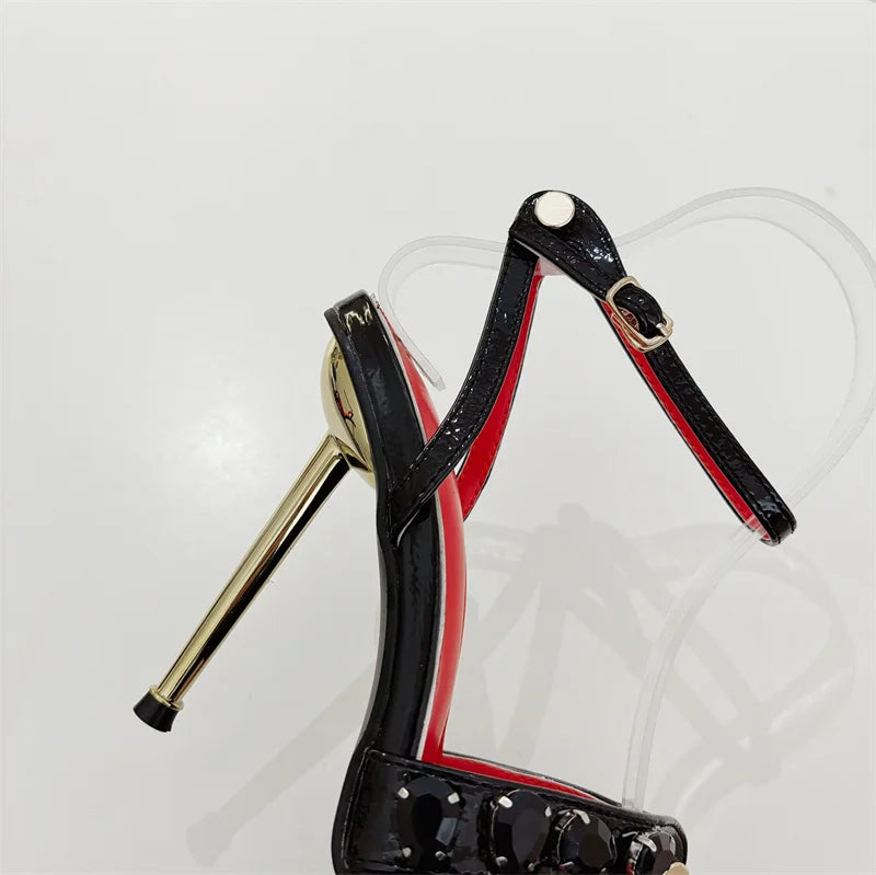 Liyke, moda de verano, sandalias de tacón alto Thih de Metal con remaches de gemas y banda estrecha para mujer, zapatos sexis de punta abierta y puntiaguda para vestido de fiesta, talla 41