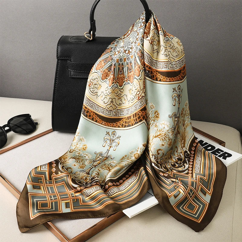 Bufanda cuadrada de seda a cuadros para mujer, banda de satén para el pelo, suave para el trabajo, Hijab, Foulard para la cabeza, 2021