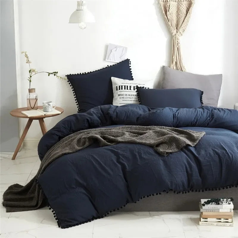 Funda de edredón suave y lavada, Juego de 3 piezas, funda de almohada, juego de ropa de cama para Twin, Full, Queen, King Size, decoración de pompones
