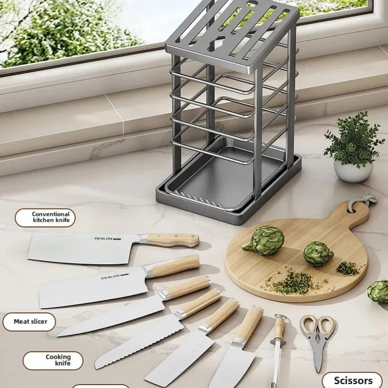 Computador de encimera de cocina: estante para platos multifunción, soporte para cuchillos y almacenamiento de herramientas con bandeja de drenaje