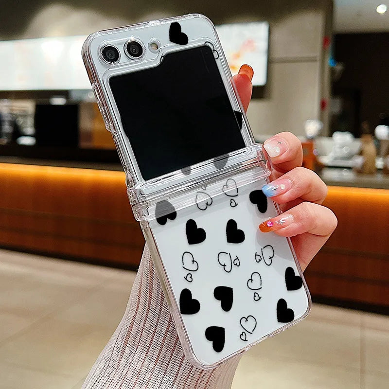 Funda de teléfono transparente con diseño de flor de amor para Samsung Galaxy Z Flip7 FE Flip 7 6 5 4 3 5G Flip5 Flip6, funda dura para PC a prueba de golpes