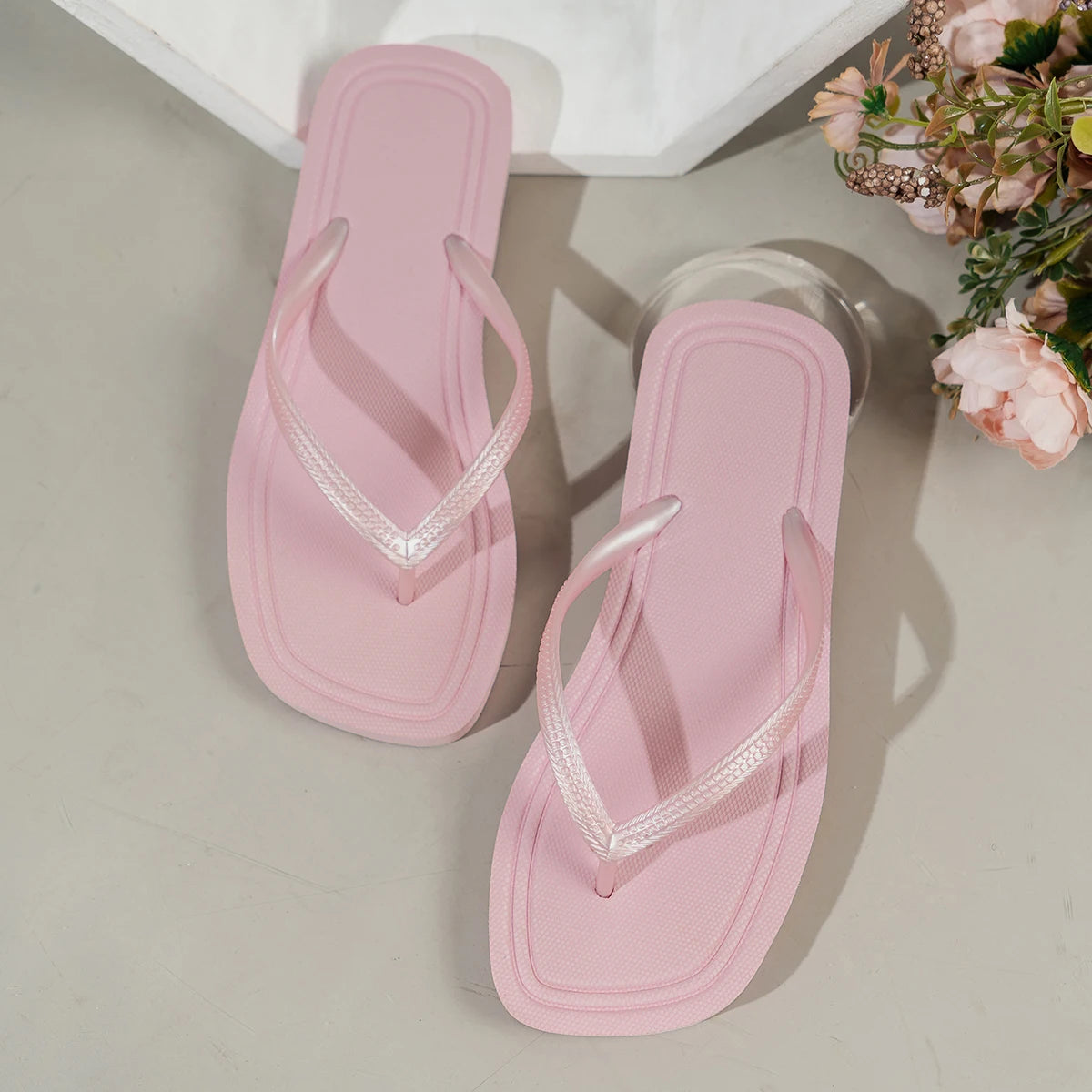 Sandalias Planas de EVA con Punta Cuadrada para Mujer, Chanclas de Verano, Casuales, de Color Sólido, Cómodas, Antideslizantes, Ligeras, para Interiores, Exteriores y Playa