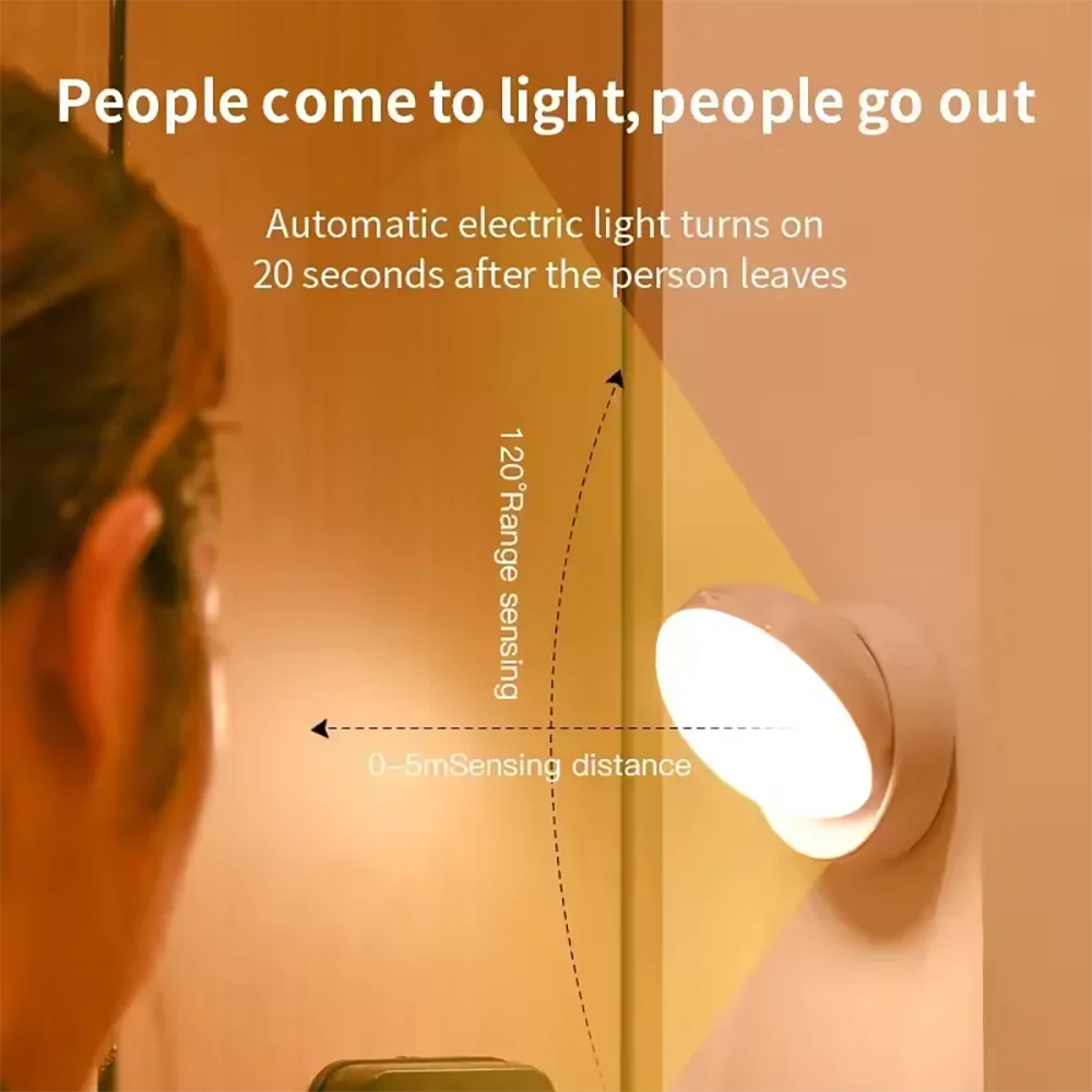 Luz nocturna con Sensor de movimiento, iluminación LED inalámbrica recargable, magnética giratoria 360 para habitación, mesita de noche, iluminación de gabinete