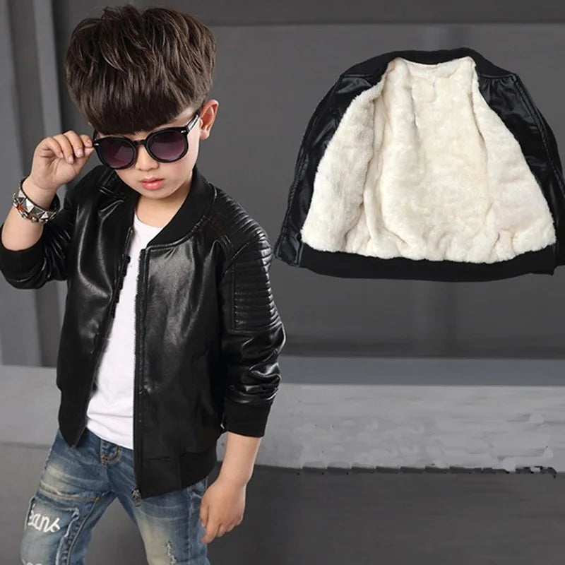 Abrigos para niños, moda de otoño e invierno, chaqueta de cuero PU de algodón cálida de terciopelo para niños coreanos, chaqueta para niños de 3 a 8 años, prendas de vestir exteriores