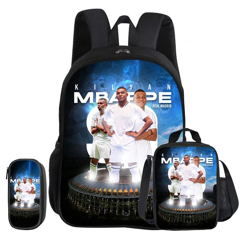 M-Mbappe-Juego de 3 piezas de mochila escolar con diseño de estrella de fútbol para niños, bolsa para lápices, mochila con bolsa para el almuerzo, mochila deportiva, regalo para niños