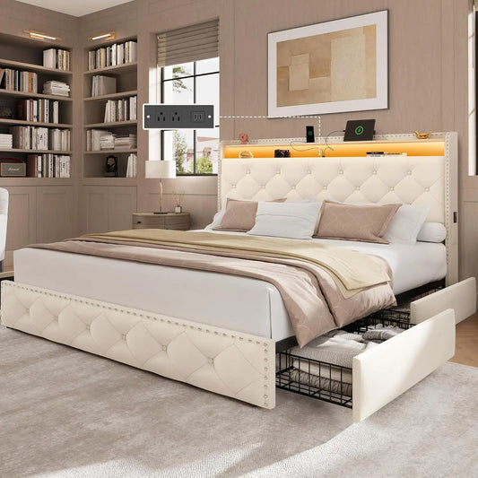 Base de Cama Queen Size con 4 Cajones de Almacenamiento y Estación de Carga, Base de Cama Tapizada en Terciopelo con LED, Personalizable