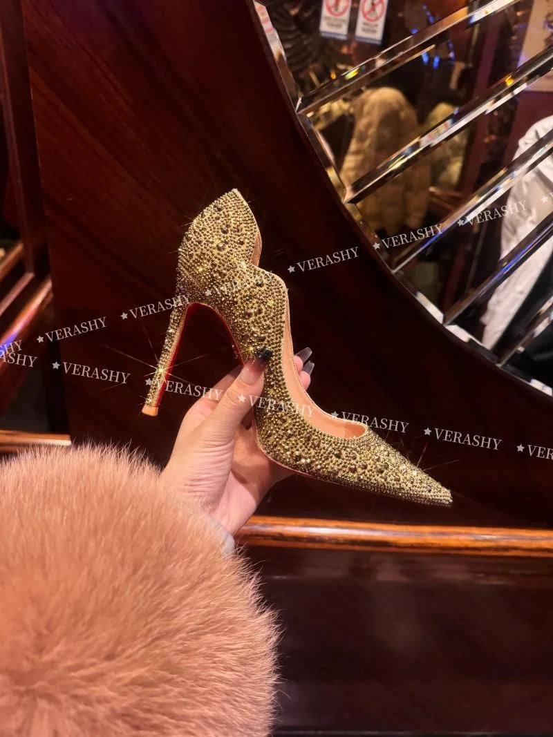 Tacones altos para mujer, primavera 20220, oro nuevo, Sexy, puntiagudos, franceses, finos con zapatos individuales, zapatos de boda de cristal para mujer, zapato de suela roja para mujer