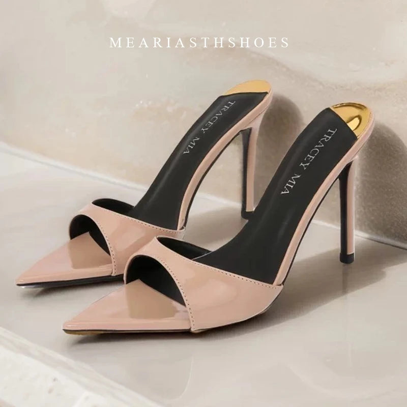 Sandalias de tacón de charol rojo, Sandalias poco profundas sin cordones, tacones sexis sólidos, zapatos de tacón de aguja de verano de 10CM, Sandalias con punta abierta y una correa