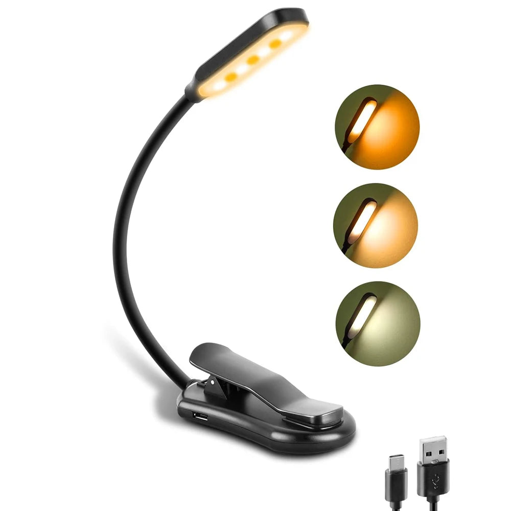 Lámpara de luz de lectura de libros recargable, luz de libro LED para leer en la cama, brillo ajustable para el cuidado de los ojos, 3 temperaturas de color