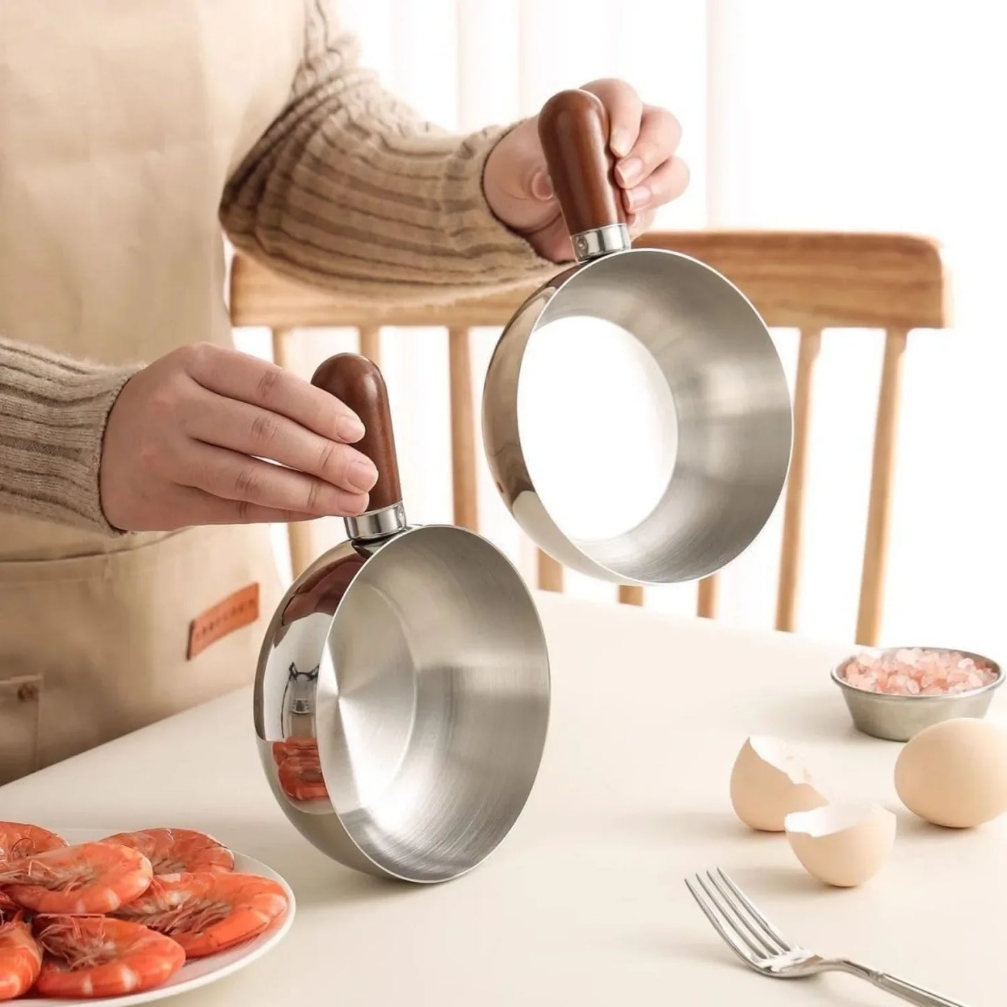 Olla para Leche de Acero Inoxidable con Mango de Madera Resistente al Calor, Base Antideslizante, Mini Cacerola para Calentar Leche