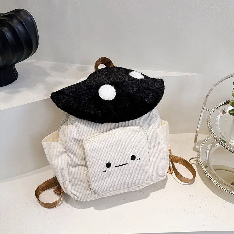 Mochila Kawaii de felpa con forma de seta para mujer, bolso de mano bonito con correas ajustables, cierre de cremallera, mochilas de estudiante de pana roja/blanca
