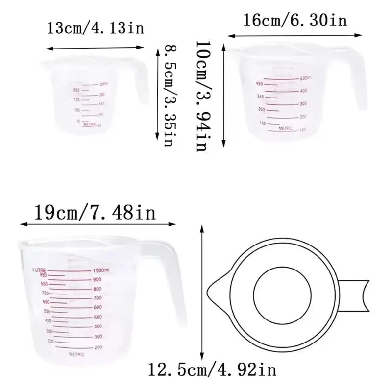 Vasos Medidores de Líquido para Hornear de 250/500/1000 ml, Vaso Medidor de PVC con Escala, Vaso Medidor de Plástico, Vaso de Laboratorio, Jarra de Cocina