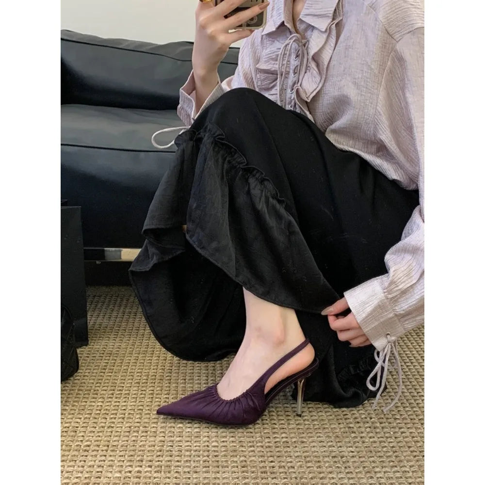 Aneikeh, moda de verano, diseño elegante, satén plisado, puntiagudos, zapatos de tacón con talón descubierto, sandalias sexis para mujer, tacones altos finos, zapatos de banquete