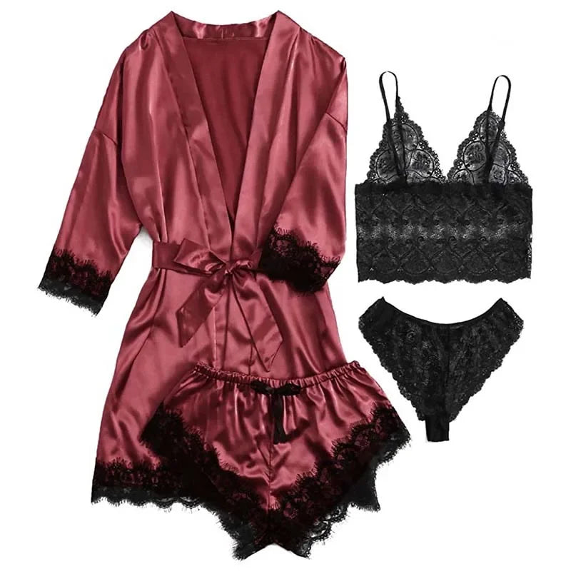 4 piezas ropa de dormir para mujer pijamas Ser con bata lencería de encaje Sexy Albornoz satén de seda ropa de dormir para el hogar bata