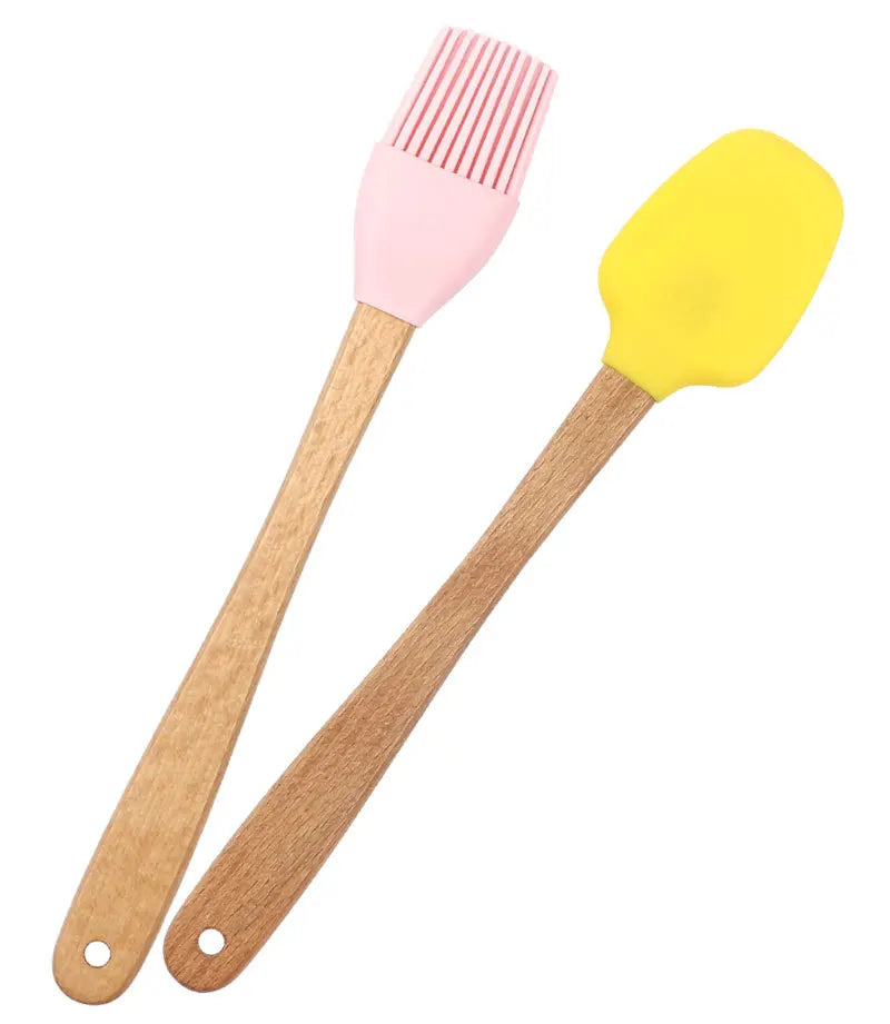 Juego de utensilios de cocina de silicona con mango de madera, 5 uds., raspador, cepillo, cuchara, herramientas para hornear para niños