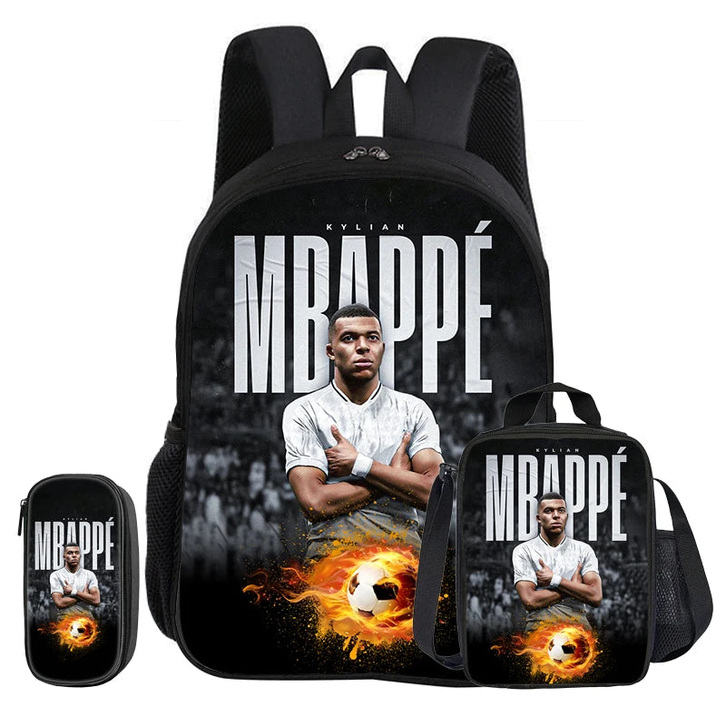 M-Mbappe-Juego de 3 piezas de mochila escolar con diseño de estrella de fútbol para niños, bolsa para lápices, mochila con bolsa para el almuerzo, mochila deportiva, regalo para niños